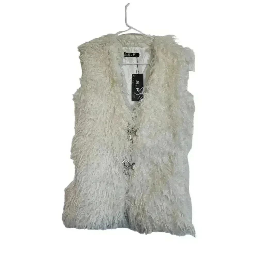 SF Mode Women's White Poly Faux Fur Lined Vest w Silver Closures NEW